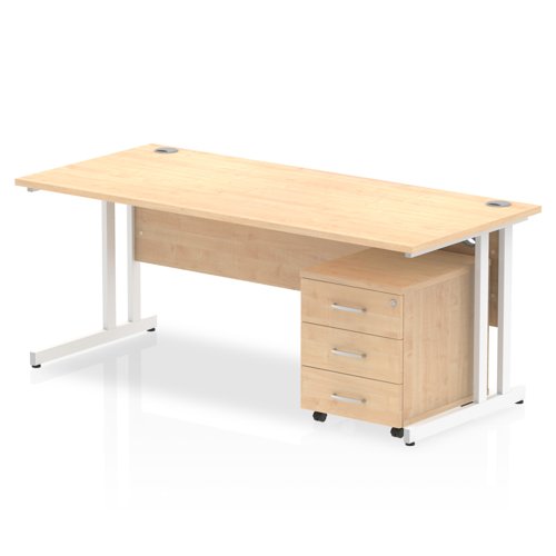 Impulse Cantilever Straight Office Desk W1800 x D800 x H730mm Maple Finish White Frame With 3 Drawer Mobile Pedestal - I003957