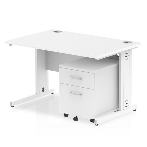 Impulse 1200 x 800mm Straight Office Desk White Top White Cable Managed Leg Workstation 2 Drawer Mobile Pedestal
