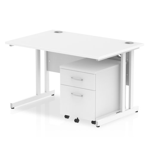 Impulse 1200 x 800mm Straight Office Desk White Top White Cantilever Leg Workstation 2 Drawer Mobile Pedestal