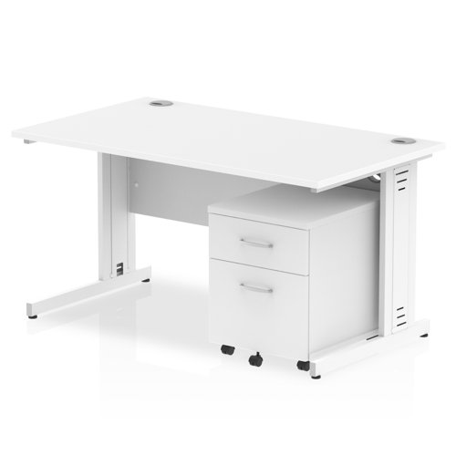 Impulse 1400 x 800mm Straight Office Desk White Top White Cable Managed Leg Workstation 2 Drawer Mobile Pedestal