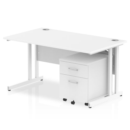 Impulse 1400 x 800mm Straight Office Desk White Top White Cantilever Leg Workstation 2 Drawer Mobile Pedestal