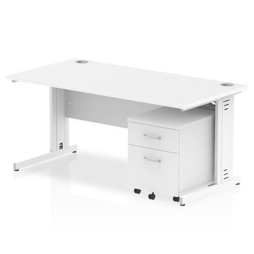 Impulse 1600 x 800mm Straight Office Desk White Top White Cable Managed Leg Workstation 2 Drawer Mobile Pedestal