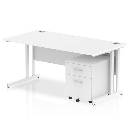 Impulse 1600 x 800mm Straight Office Desk White Top White Cantilever Leg Workstation 2 Drawer Mobile Pedestal