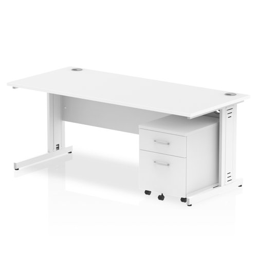 Impulse 1800 x 800mm Straight Office Desk White Top White Cable Managed Leg Workstation 2 Drawer Mobile Pedestal