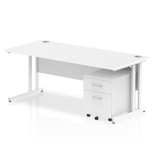 Impulse 1800 x 800mm Straight Office Desk White Top White Cantilever Leg Workstation 2 Drawer Mobile Pedestal