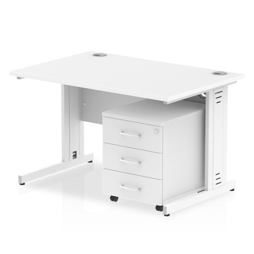 Impulse 1200 x 800mm Straight Office Desk White Top White Cable Managed Leg Workstation 3 Drawer Mobile Pedestal