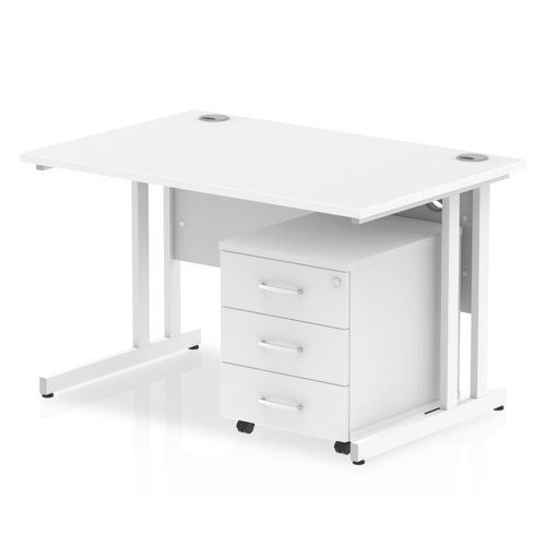 Impulse 1200 x 800mm Straight Office Desk White Top White Cantilever Leg Workstation 3 Drawer Mobile Pedestal