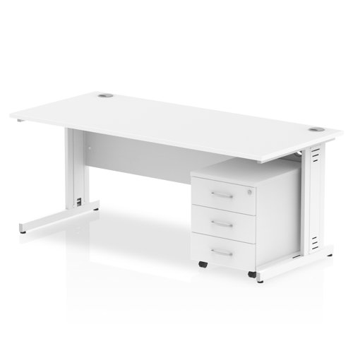 Impulse 1800 x 800mm Straight Office Desk White Top White Cable Managed Leg Workstation 3 Drawer Mobile Pedestal