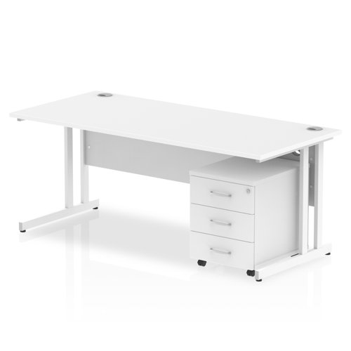 Impulse 1800 x 800mm Straight Office Desk White Top White Cantilever Leg Workstation 3 Drawer Mobile Pedestal