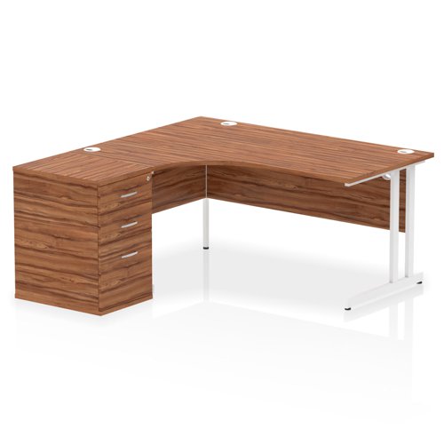 Impulse 1600mm Left Crescent Office Desk Walnut Top White Cantilever Leg Workstation 600 Deep Desk High Pedestal