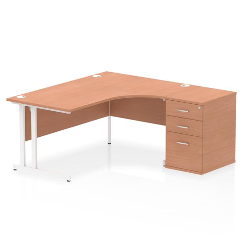 Impulse 1600mm Right Crescent Office Desk Beech Top White Cantilever Leg Workstation 600 Deep Desk High Pedestal