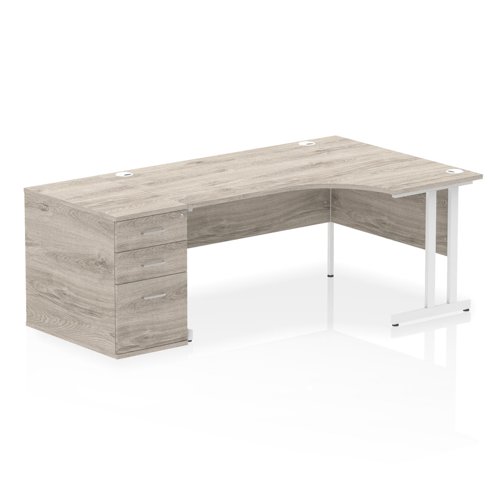 Dynamic Impulse W1600 x D1200 x H730mm Right Hand Crescent Desk Cantilever Leg With D800mm Desk High Pedestal Grey Oak Finish White Frame - I004099