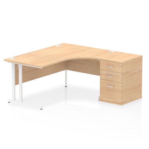 Impulse 1600mm Right Crescent Office Desk Maple Top White Cantilever Leg Workstation 600 Deep Desk High Pedestal