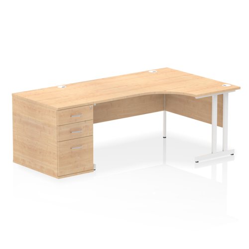 Dynamic Impulse W1600 x D1200 x H730mm Right Hand Crescent Desk Cantilever Leg With D800mm Desk High Pedestal Maple Finish White Frame - I004103