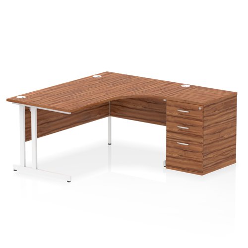 Impulse 1600mm Right Crescent Office Desk Walnut Top White Cantilever Leg Workstation 600 Deep Desk High Pedestal