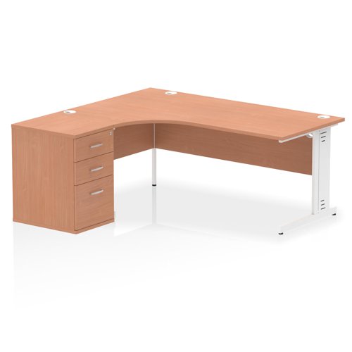 Impulse 1800mm Left Crescent Office Desk Beech Top White Cable Managed Leg Workstation 600 Deep Desk High Pedestal