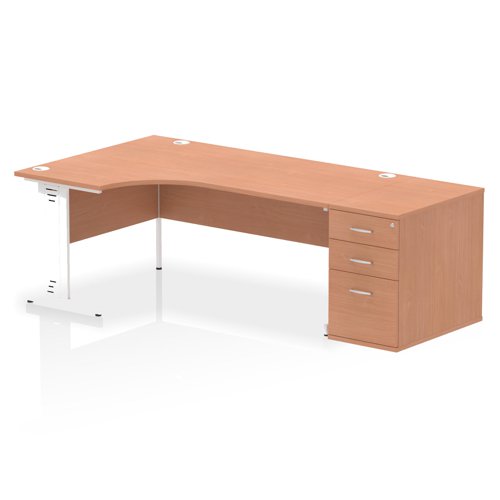 Impulse 1800mm Left Crescent Office Desk Beech Top White Cable Managed Leg Workstation 800 Deep Desk High Pedestal