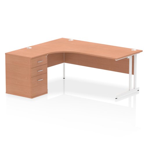 Impulse 1800mm Left Crescent Office Desk Beech Top White Cantilever Leg Workstation 600 Deep Desk High Pedestal