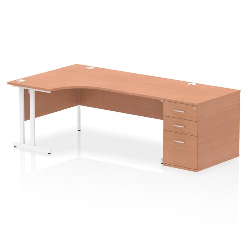 Impulse 1800mm Left Crescent Office Desk Beech Top White Cantilever Leg Workstation 800 Deep Desk High Pedestal