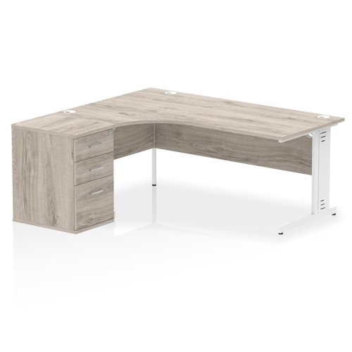 Impulse 1800mm Left Crescent Office Desk Grey Oak Top White Cable Managed Leg Workstation 600 Deep Desk High Pedestal