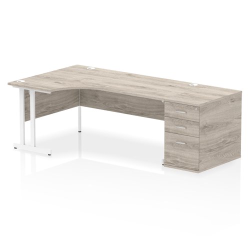 Impulse 1800mm Left Crescent Office Desk Grey Oak Top White Cantilever Leg Workstation 800 Deep Desk High Pedestal