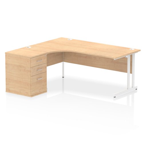 Impulse 1800mm Left Crescent Office Desk Maple Top White Cantilever Leg Workstation 600 Deep Desk High Pedestal