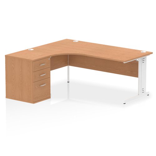 Impulse 1800mm Left Crescent Office Desk Oak Top White Cable Managed Leg Workstation 600 Deep Desk High Pedestal