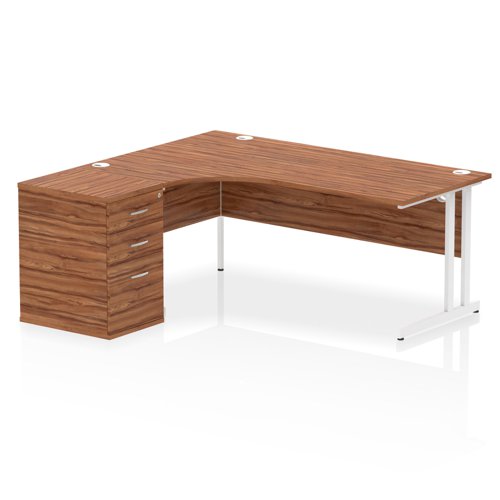 Impulse 1800mm Left Crescent Office Desk Walnut Top White Cantilever Leg Workstation 600 Deep Desk High Pedestal