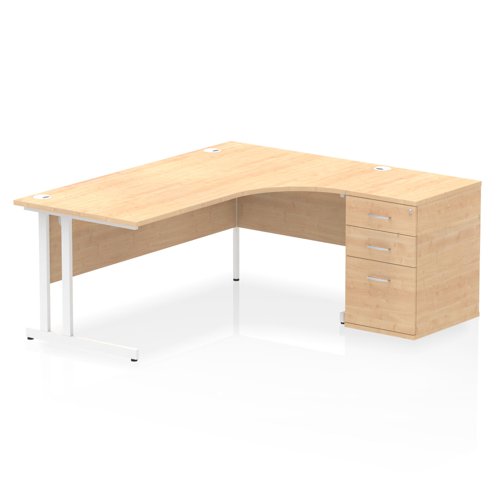 Impulse 1800mm Right Crescent Office Desk Maple Top White Cantilever Leg Workstation 600 Deep Desk High Pedestal