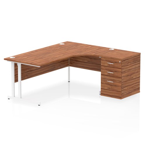 Impulse 1800mm Right Crescent Office Desk Walnut Top White Cantilever Leg Workstation 600 Deep Desk High Pedestal