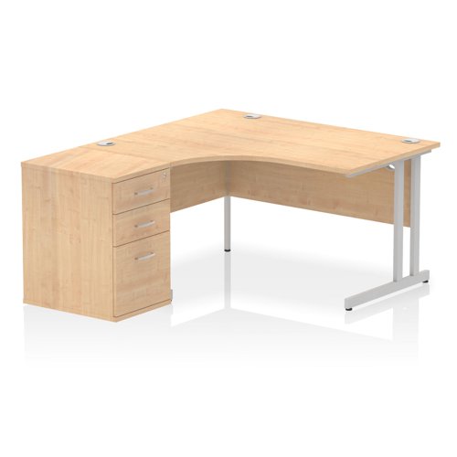 Impulse 1400mm Left Crescent Office Desk Maple Top Silver Cantilever Leg Workstation 600 Deep Desk High Pedestal