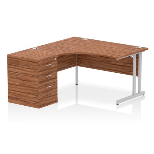 Impulse 1400mm Left Crescent Office Desk Walnut Top Silver Cantilever Leg Workstation 600 Deep Desk High Pedestal