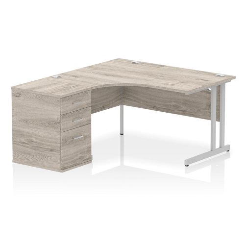 Impulse 1400mm Left Crescent Office Desk Grey Oak Top Silver Cantilever Leg Workstation 600 Deep Desk High Pedestal