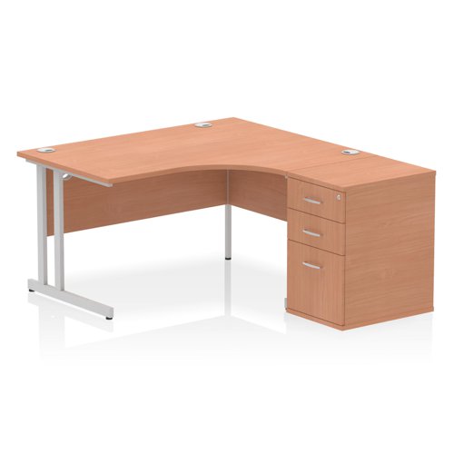 Impulse 1400mm Right Crescent Office Desk Beech Top Silver Cantilever Leg Workstation 600 Deep Desk High Pedestal