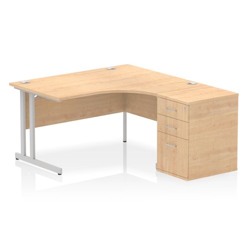 Impulse 1400mm Right Crescent Office Desk Maple Top Silver Cantilever Leg Workstation 600 Deep Desk High Pedestal