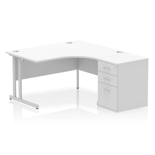 Impulse 1400mm Right Crescent Office Desk White Top Silver Cantilever Leg Workstation 600 Deep Desk High Pedestal