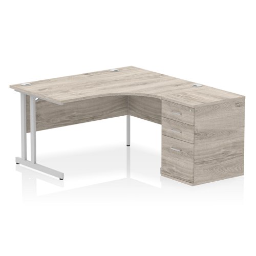 Impulse 1400mm Right Crescent Office Desk Grey Oak Top Silver Cantilever Leg Workstation 600 Deep Desk High Pedestal