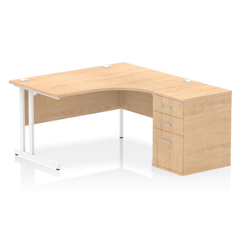 Impulse 1400mm Right Crescent Office Desk Maple Top White Cantilever Leg Workstation 600 Deep Desk High Pedestal