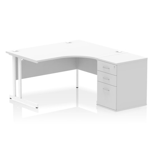 Impulse 1400mm Right Crescent Office Desk White Top White Cantilever Leg Workstation 600 Deep Desk High Pedestal
