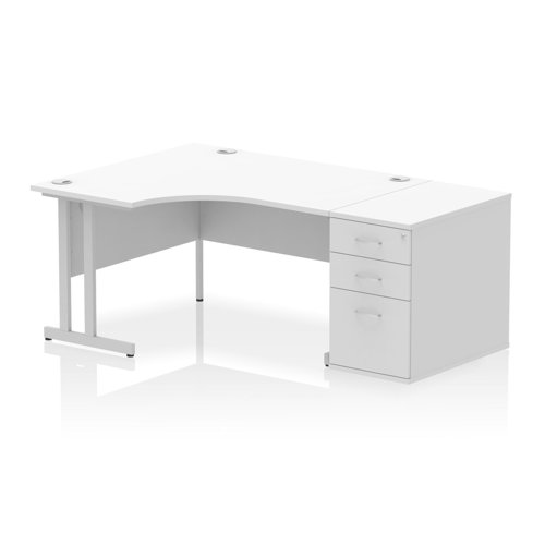 Impulse 1400mm Left Crescent Office Desk White Top Silver Cantilever Leg Workstation 800 Deep Desk High Pedestal
