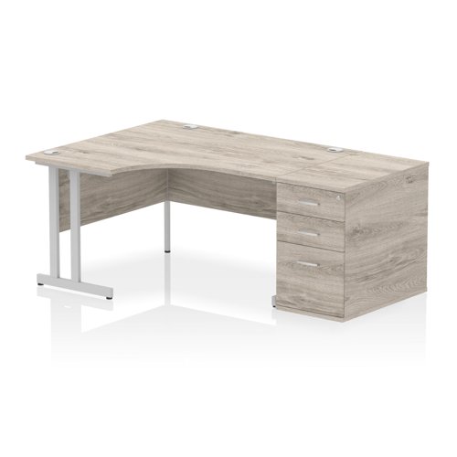 Impulse 1400mm Left Crescent Office Desk Grey Oak Top Silver Cantilever Leg Workstation 800 Deep Desk High Pedestal