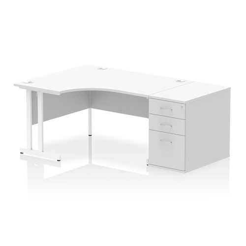 Impulse 1400mm Left Crescent Office Desk White Top White Cantilever Leg Workstation 800 Deep Desk High Pedestal