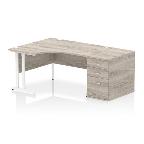 Impulse 1400mm Left Crescent Office Desk Grey Oak Top White Cantilever Leg Workstation 800 Deep Desk High Pedestal