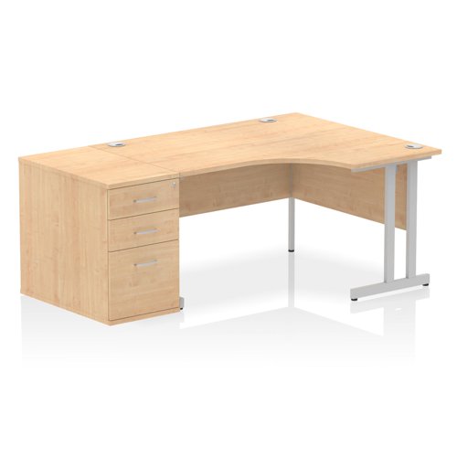 Impulse 1400mm Right Crescent Office Desk Maple Top Silver Cantilever Leg Workstation 800 Deep Desk High Pedestal