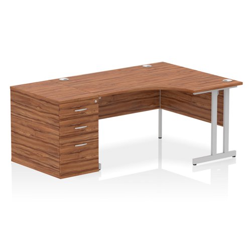 Impulse 1400mm Right Crescent Office Desk Walnut Top Silver Cantilever Leg Workstation 800 Deep Desk High Pedestal