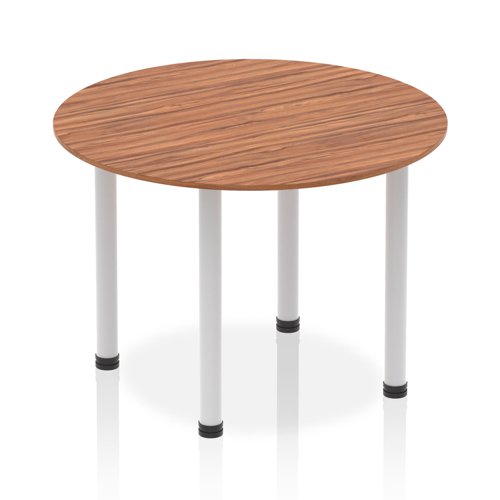 Impulse 1000mm Round Table Walnut Top Silver Post Leg