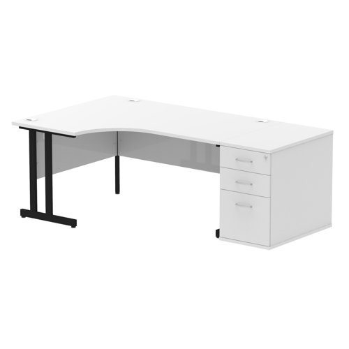 Impulse 1600mm Left Crescent Office Desk White Top Black Cantilever Leg Workstation 800 Deep Desk High Pedestal