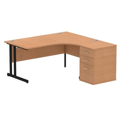 Impulse 1600mm Right Crescent Office Desk Oak Top Black Cantilever Leg Workstation 600 Deep Desk High Pedestal