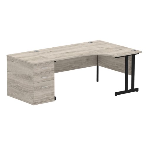 Impulse 1600mm Right Crescent Office Desk Grey Oak Top Black Cantilever Leg Workstation 800 Deep Desk High Pedestal