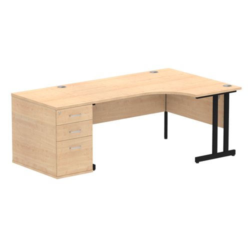 Impulse 1600mm Right Crescent Office Desk Maple Top Black Cantilever Leg Workstation 800 Deep Desk High Pedestal